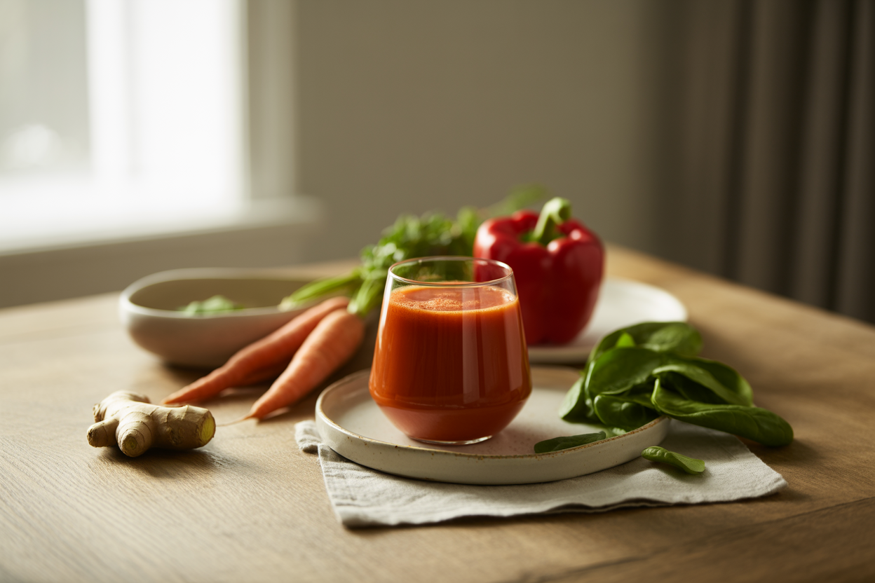 Heart Throb juice with carrot, red pepper and spinach