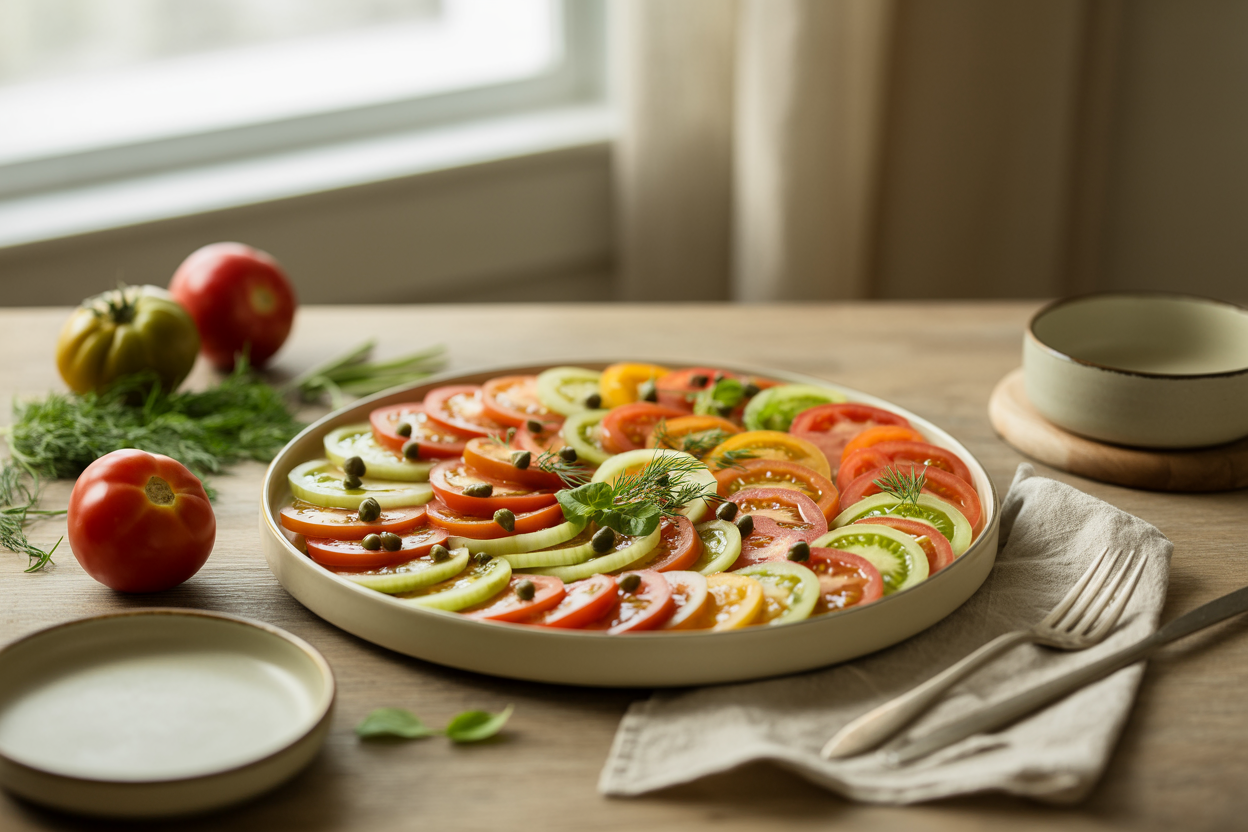 Heirloom tomato carpaccio with capers, dill and oregano