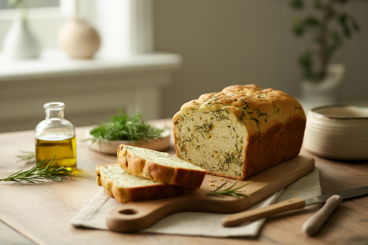 Loaf of herb bread with basil, dill and rosemary, sliced