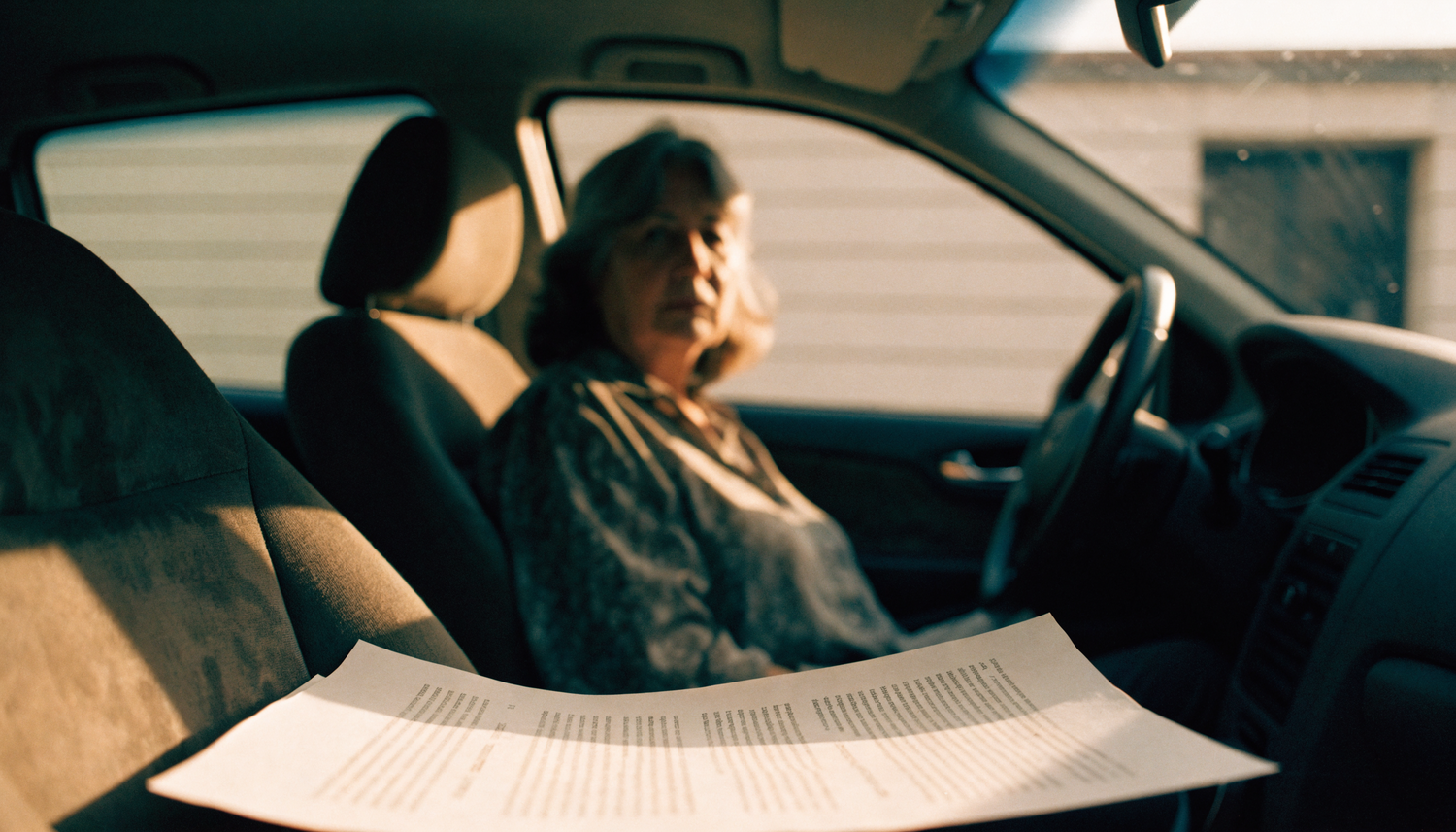 A single sheet of printed lab results on the passenger seat of a parked car, with a woman sitting quietly in the driver's seat behind it.