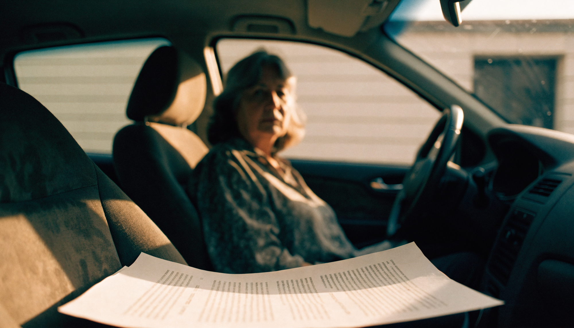 A single sheet of printed lab results on the passenger seat of a parked car, with a woman sitting quietly in the driver's seat behind it.