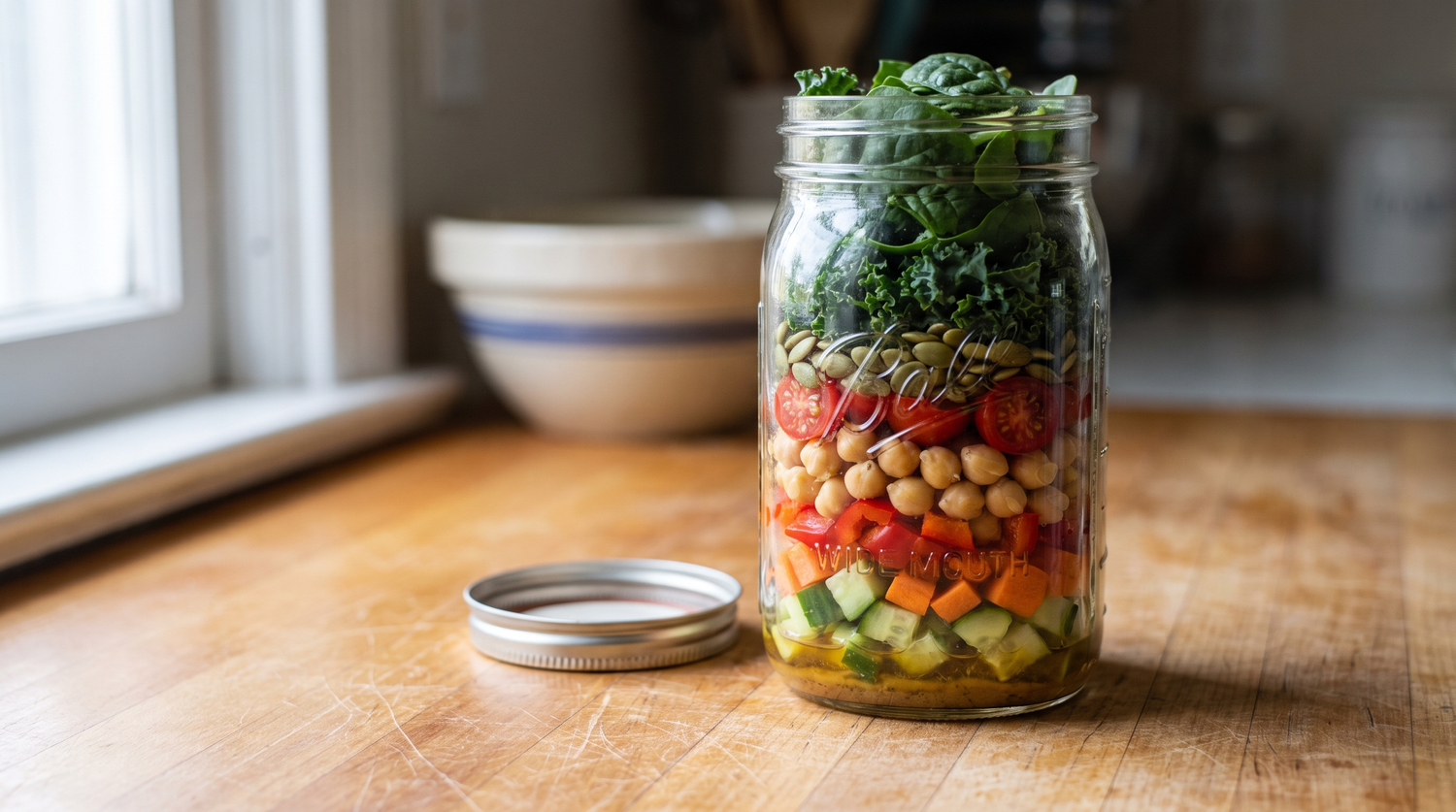 A wide-mouth quart mason jar on a kitchen counter with six visible layers: dressing at the bottom, then cucumber and carrot, peppers, chickpeas, tomatoes, pumpkin seeds, and greens packed to the rim.