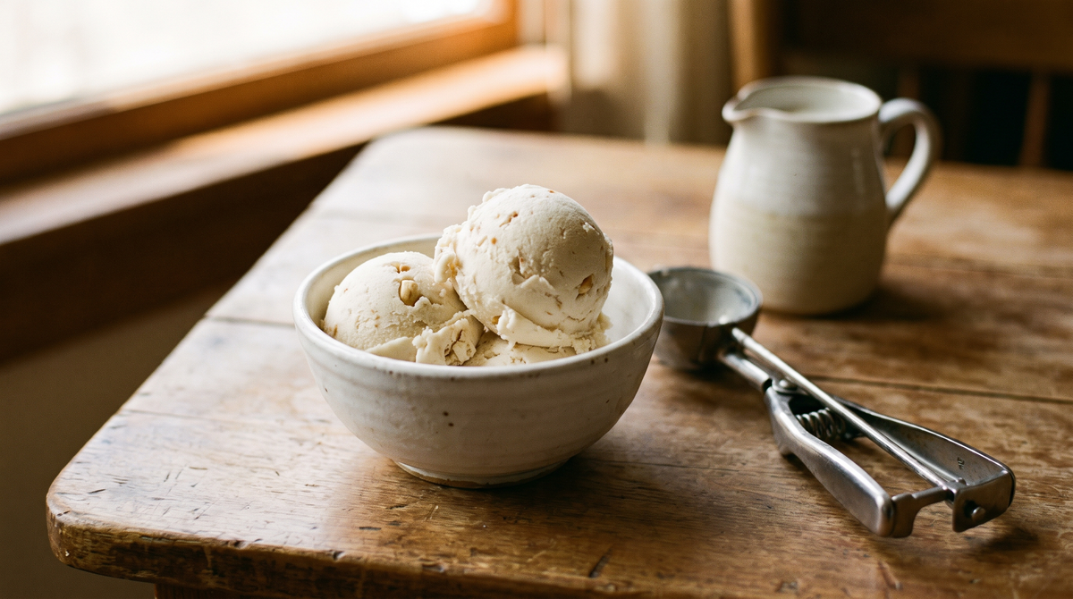 Two scoops of pale cashew ice cream in a white ceramic bowl on a wooden table, a scoop resting beside it.