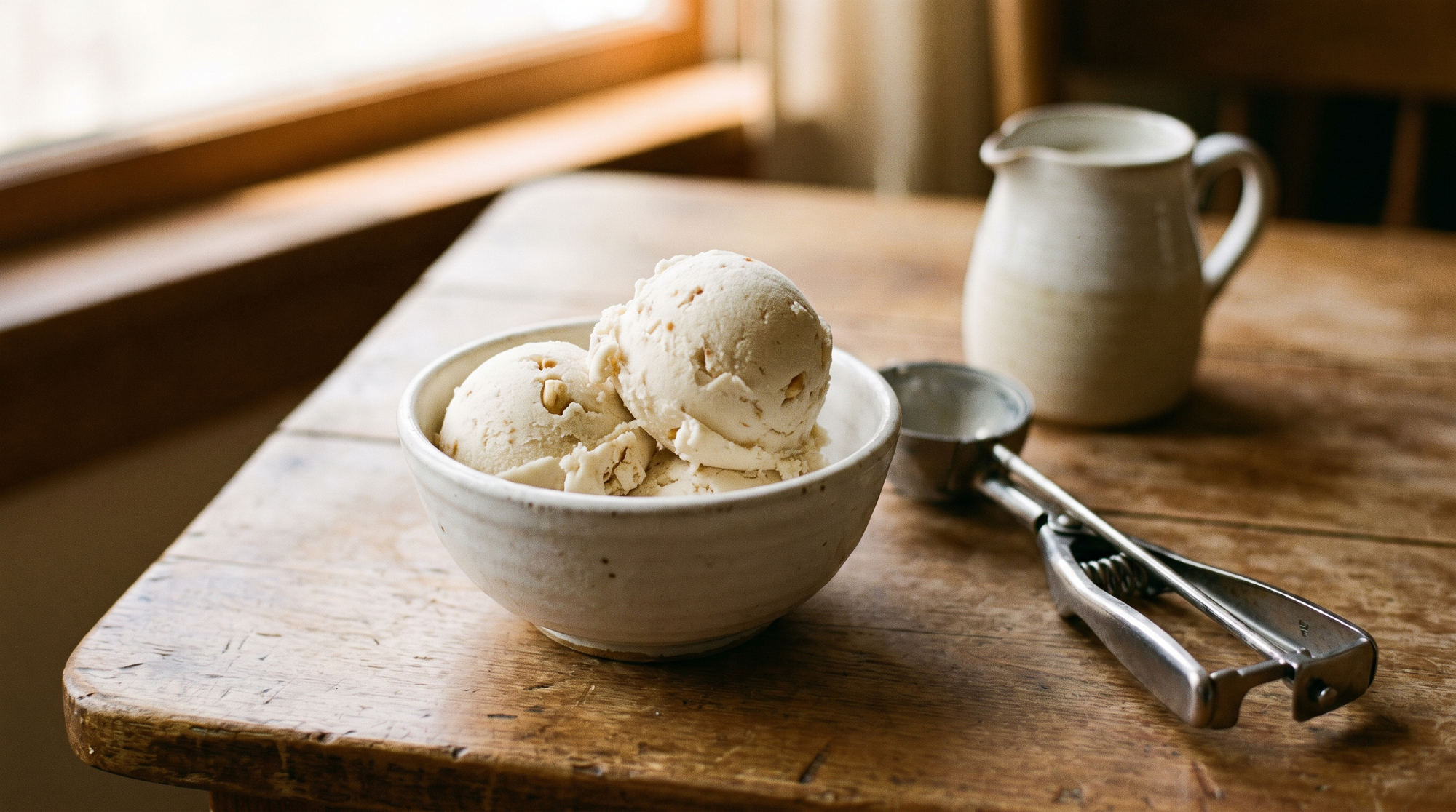 Two scoops of pale cashew ice cream in a white ceramic bowl on a wooden table, a scoop resting beside it.