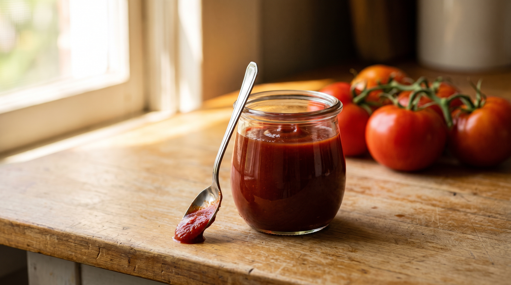 A small glass jar of deep red homemade ketchup with a spoon resting against it, ripe tomatoes softly out of focus behind.