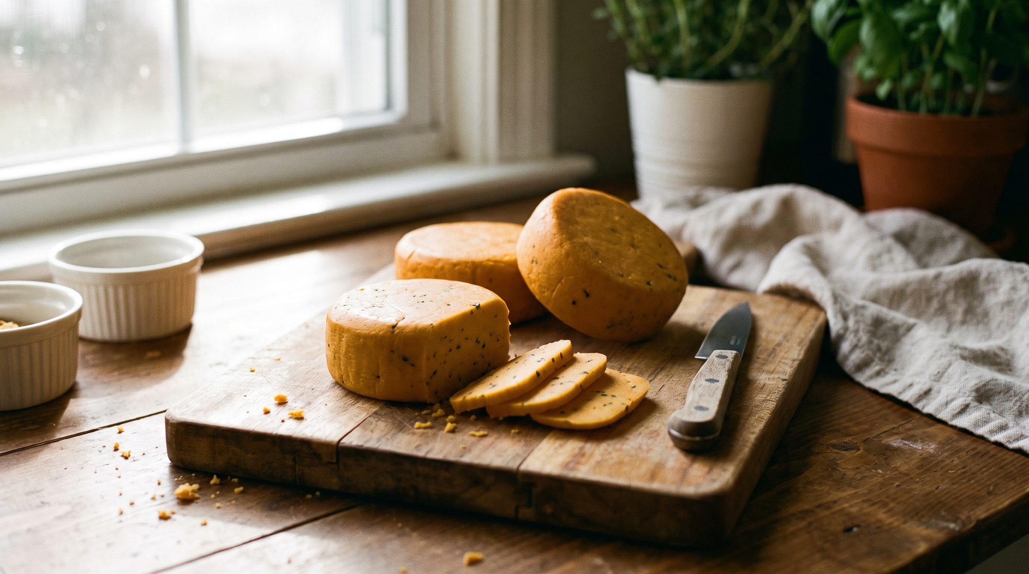 Three small rounds of firm homemade plant-based cheddar turned out of ramekins onto a wooden board, one sliced and fanned, flecked with dried herbs.