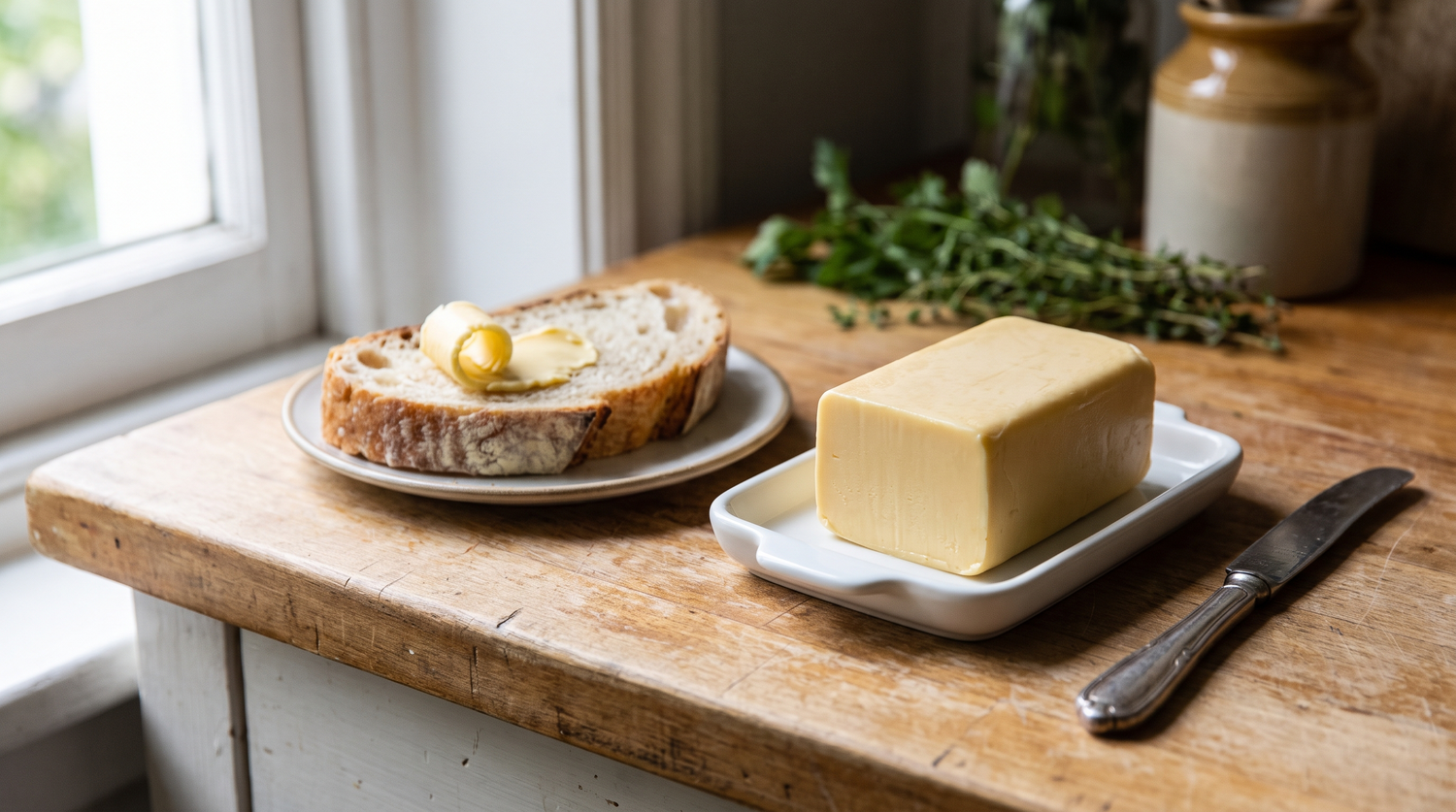 A pale golden block of homemade plant butter in a white ceramic dish, a knife beside it and a curl spread onto a slice of bread.