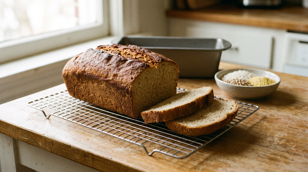 A loaf of gluten-free bread cooling on a wire rack with two slices cut, showing an even tender crumb.