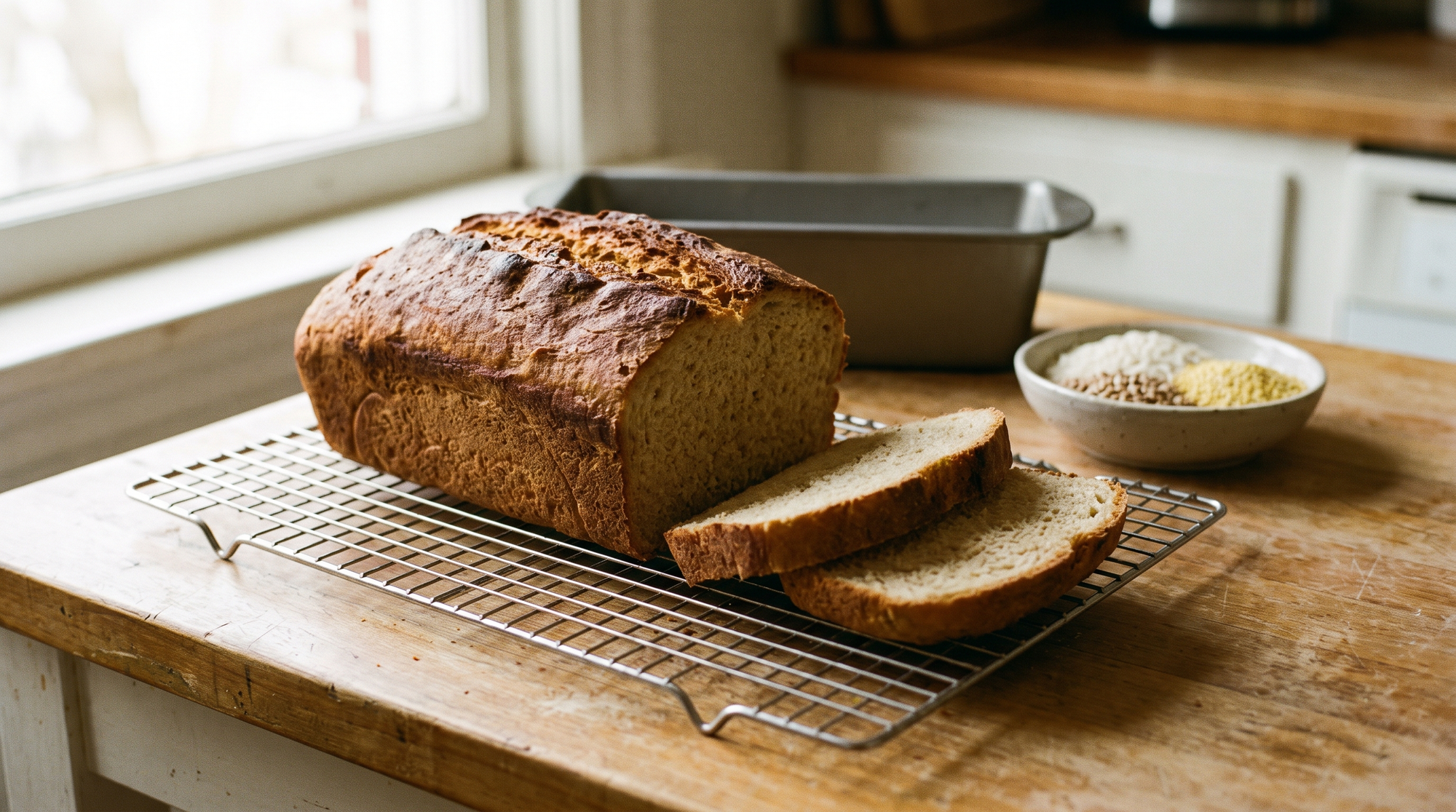 A loaf of gluten-free bread cooling on a wire rack with two slices cut, showing an even tender crumb.