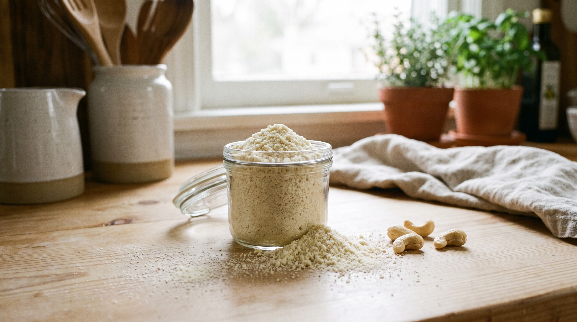 An open jar of finely ground cashew parmesan, the texture of a soft flour, with a small mound spilled beside it on a wooden counter.