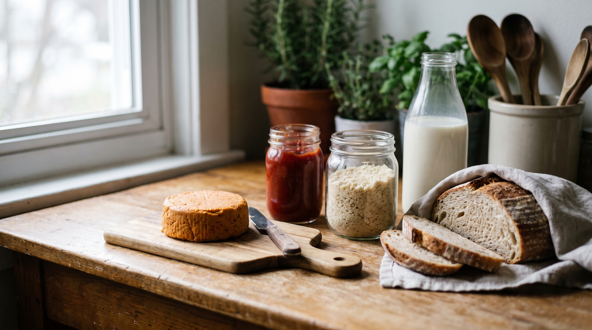 A kitchen counter with homemade plant-based staples together — a round of firm cheese, jars of ketchup and parmesan, a loaf of bread and a bottle of plant milk.