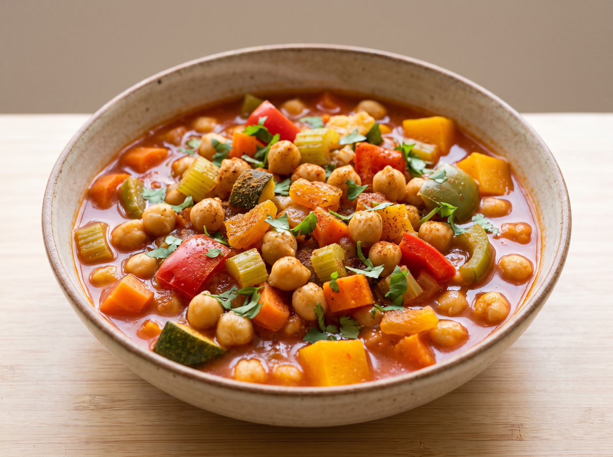 Bowl of Moroccan Chickpea Stew with chickpeas, tomatoes, carrot and butternut squash