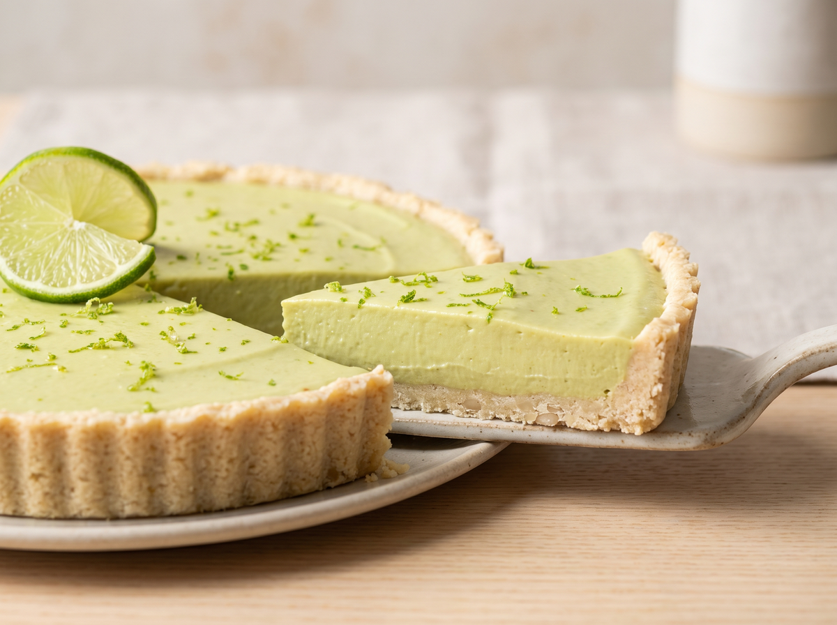 Key-lime pie with a creamy avocado, lime and pine nut filling