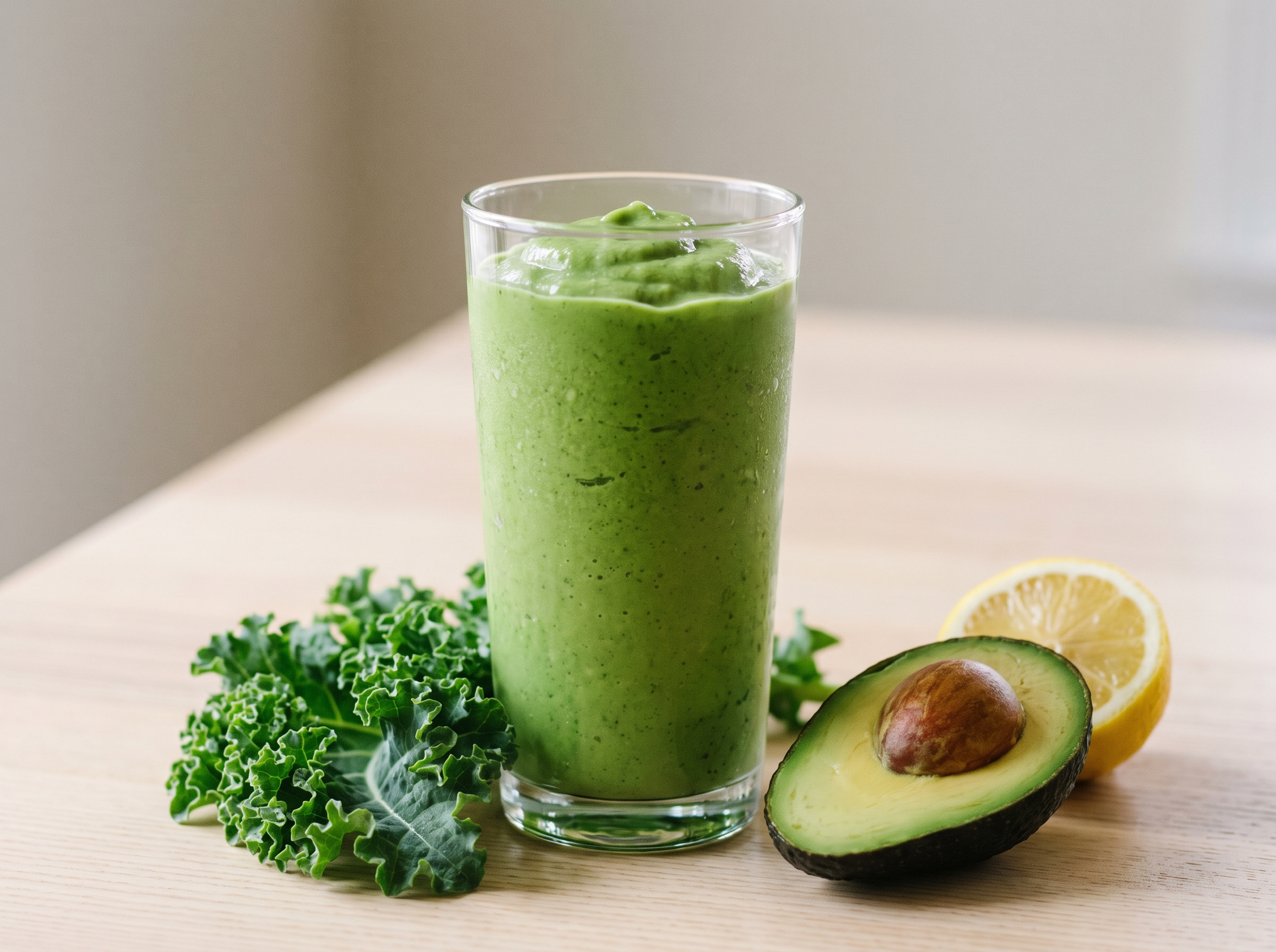 Glass of kale, avocado and lemon green smoothie with banana