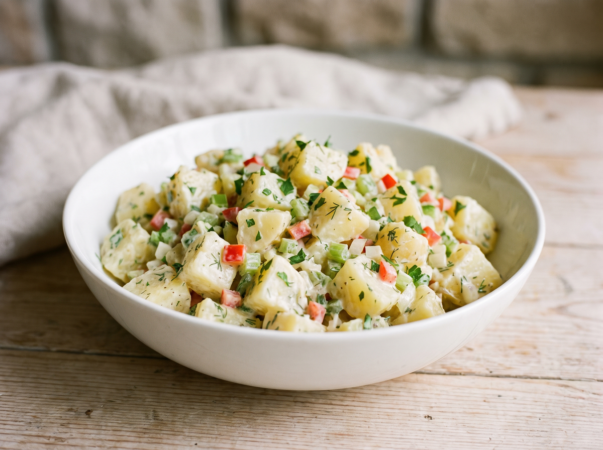 Bowl of Rhonda's Potato Salad with diced potato, celery, sweet onion and bell pepper