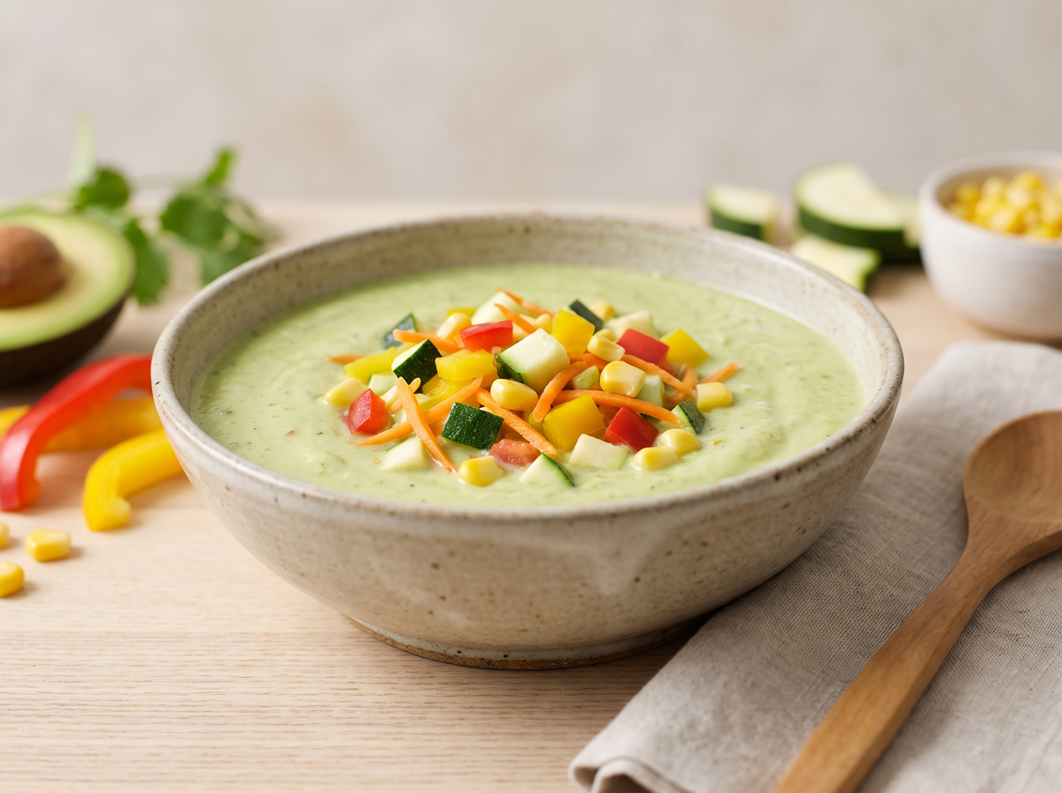 Bowl of Delightful Avocado Soup with diced zucchini, bell pepper and corn