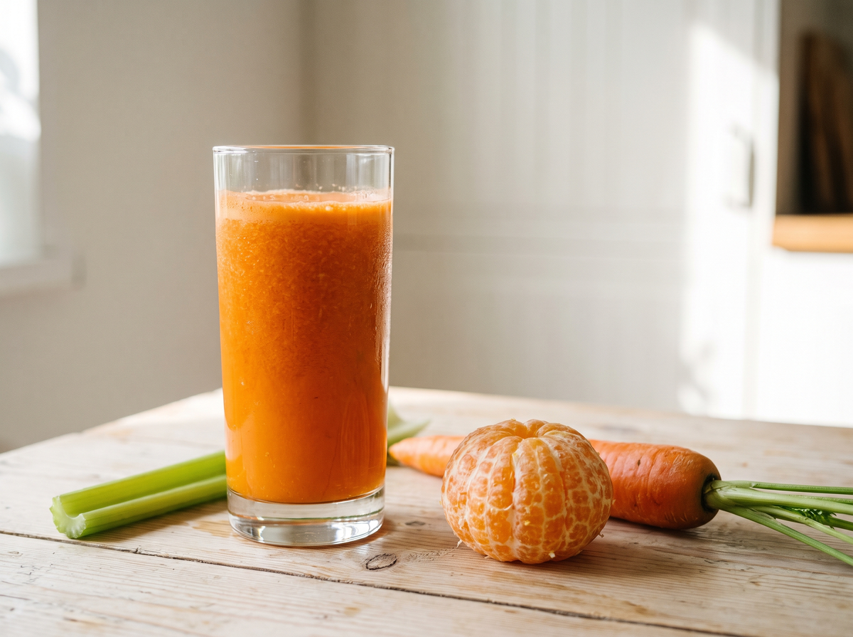 Glass of Better than Mimosa Juice made with tangerine, carrot, cucumber and celery