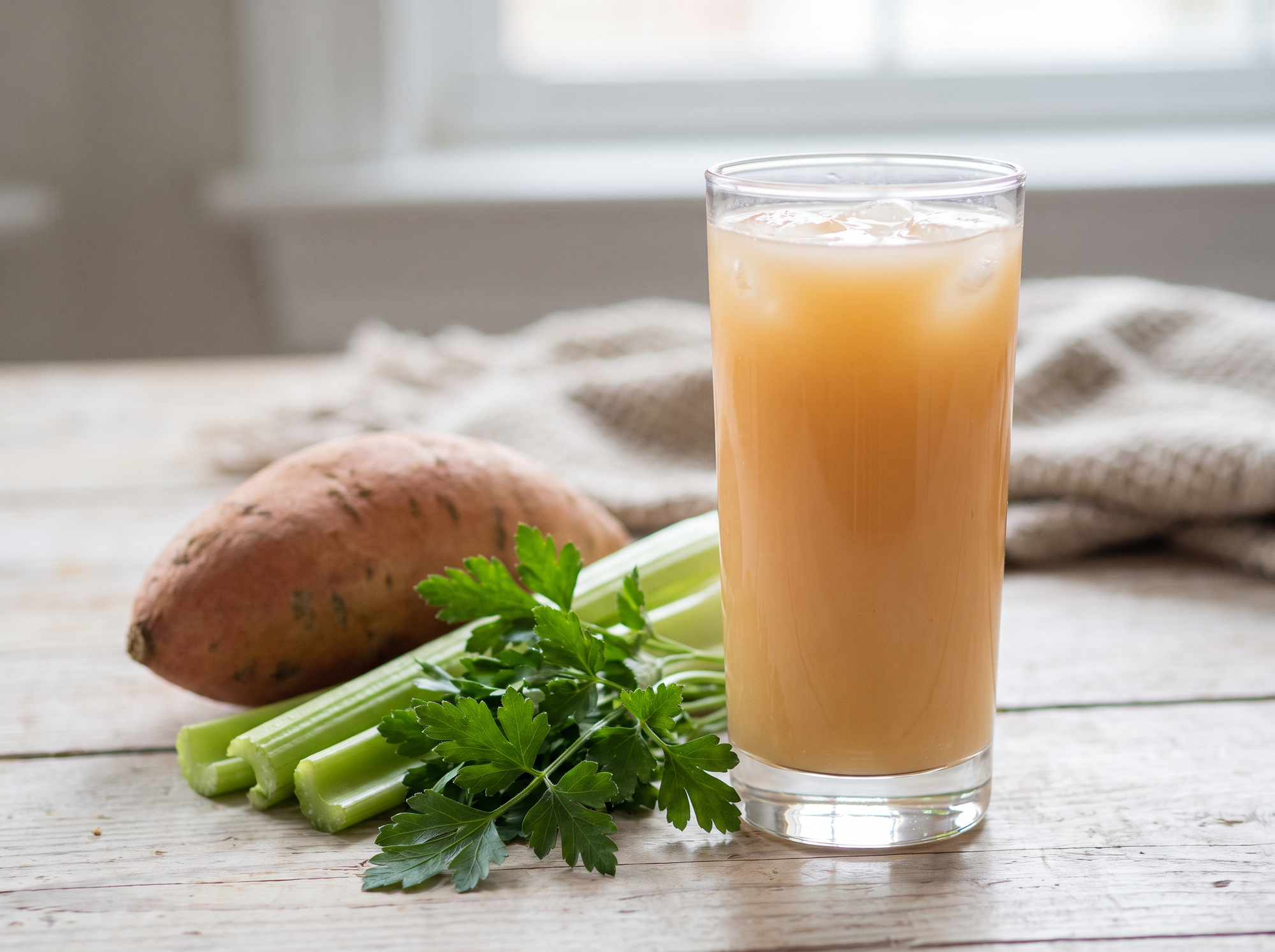 Glass of juice made with sweet potato, celery, cucumber and apple