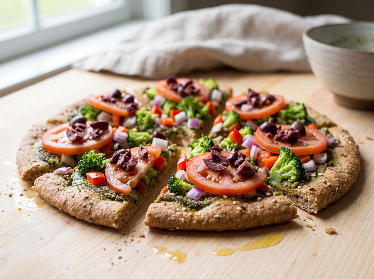 Rhonda's Basil Pesto Pizza on a six-grain crust with plum tomatoes, broccoli, red onion and olives