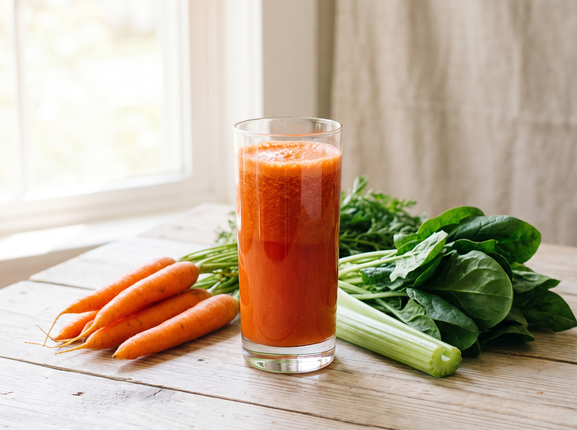 Glass of The Satisfier juice made with carrot, celery, tomato, spinach and cucumber