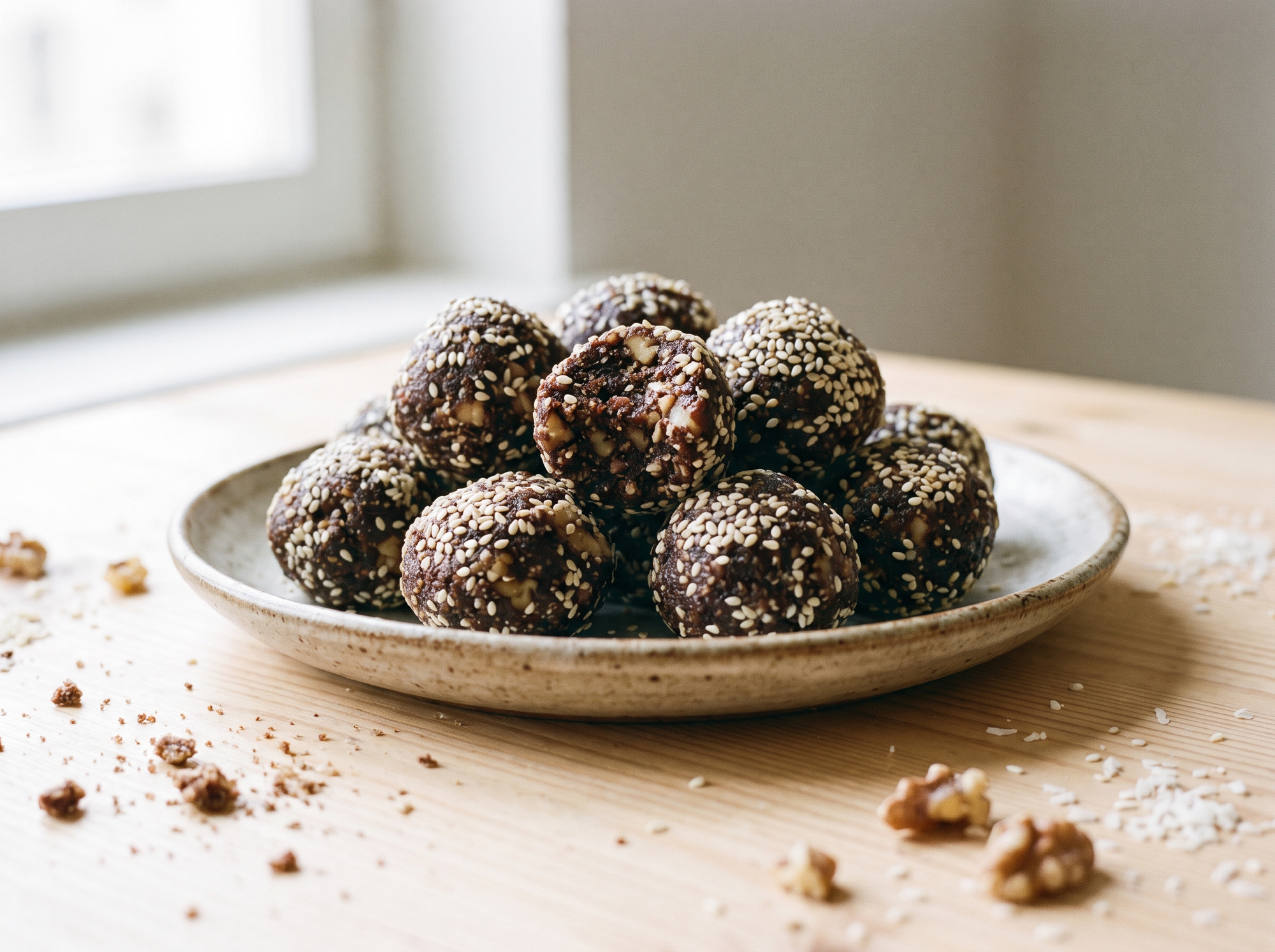 Walnut candy made with ground walnuts, coconut and raw carob, rolled in sesame seeds