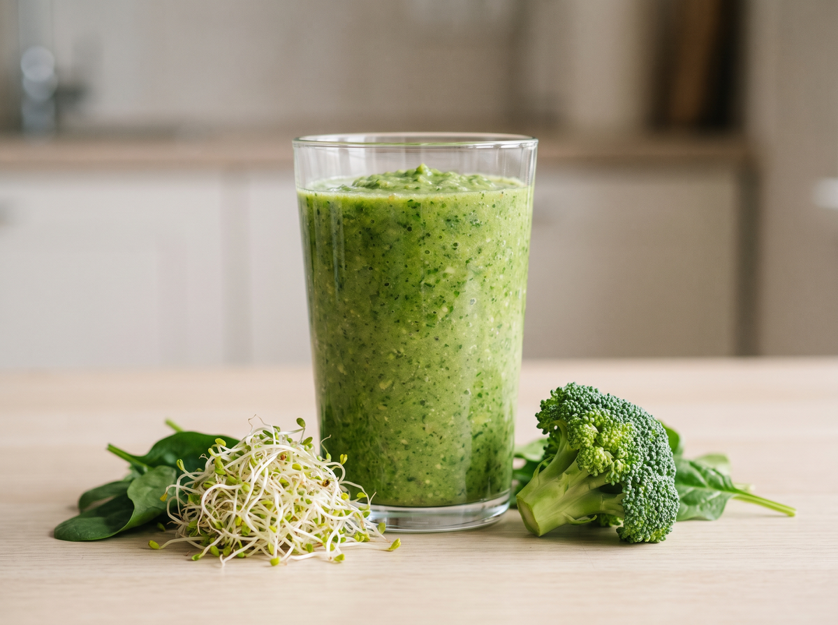 Glass of Veggies and Sprouts Veg-Smoothie blended with spinach, broccoli and sprouts