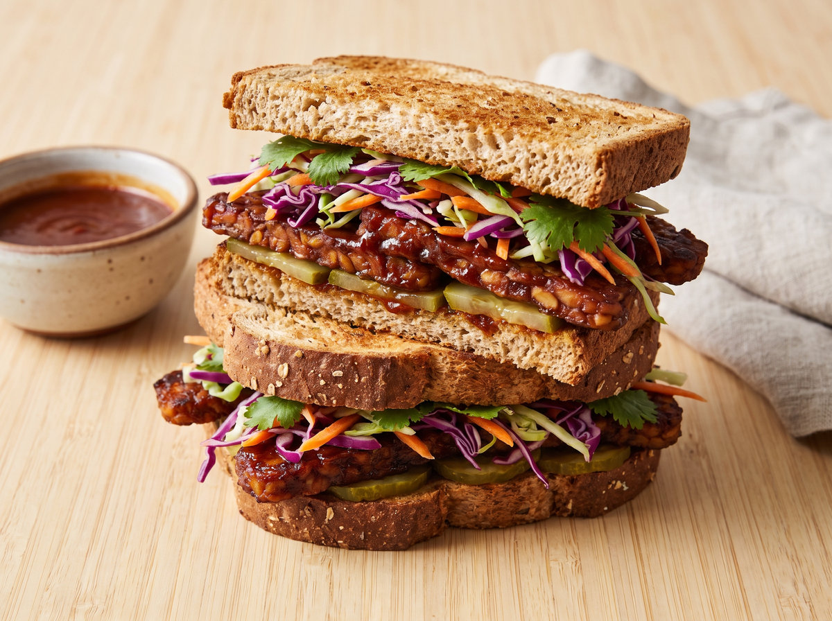 Barbeque tempeh sandwich on toasted whole grain bread with cabbage slaw and dill pickle