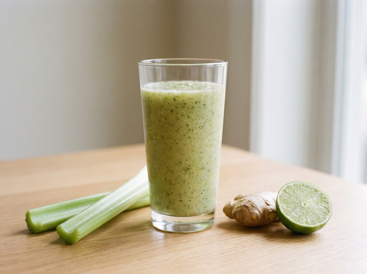 Glass of Zinger Veg-Smoothie blended with celery, broccoli and ginger