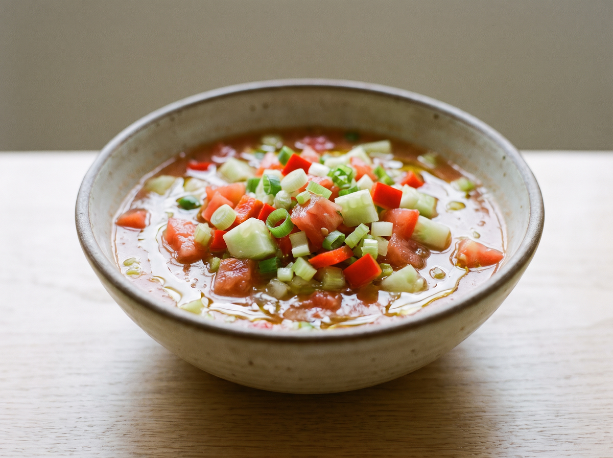 Bowl of Rhonda's Gazpacho Soup with diced tomato, cucumber, celery and red bell pepper