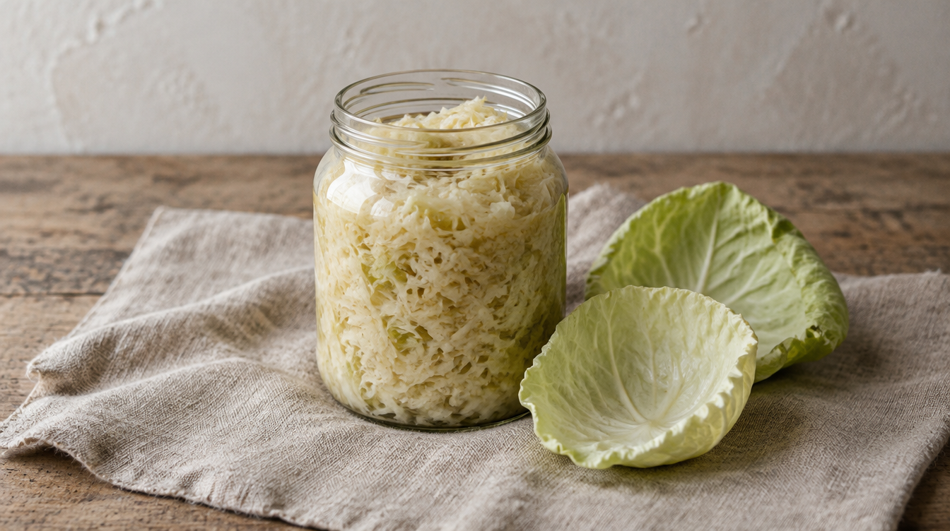 An open jar of sauerkraut beside two cabbage leaves on linen