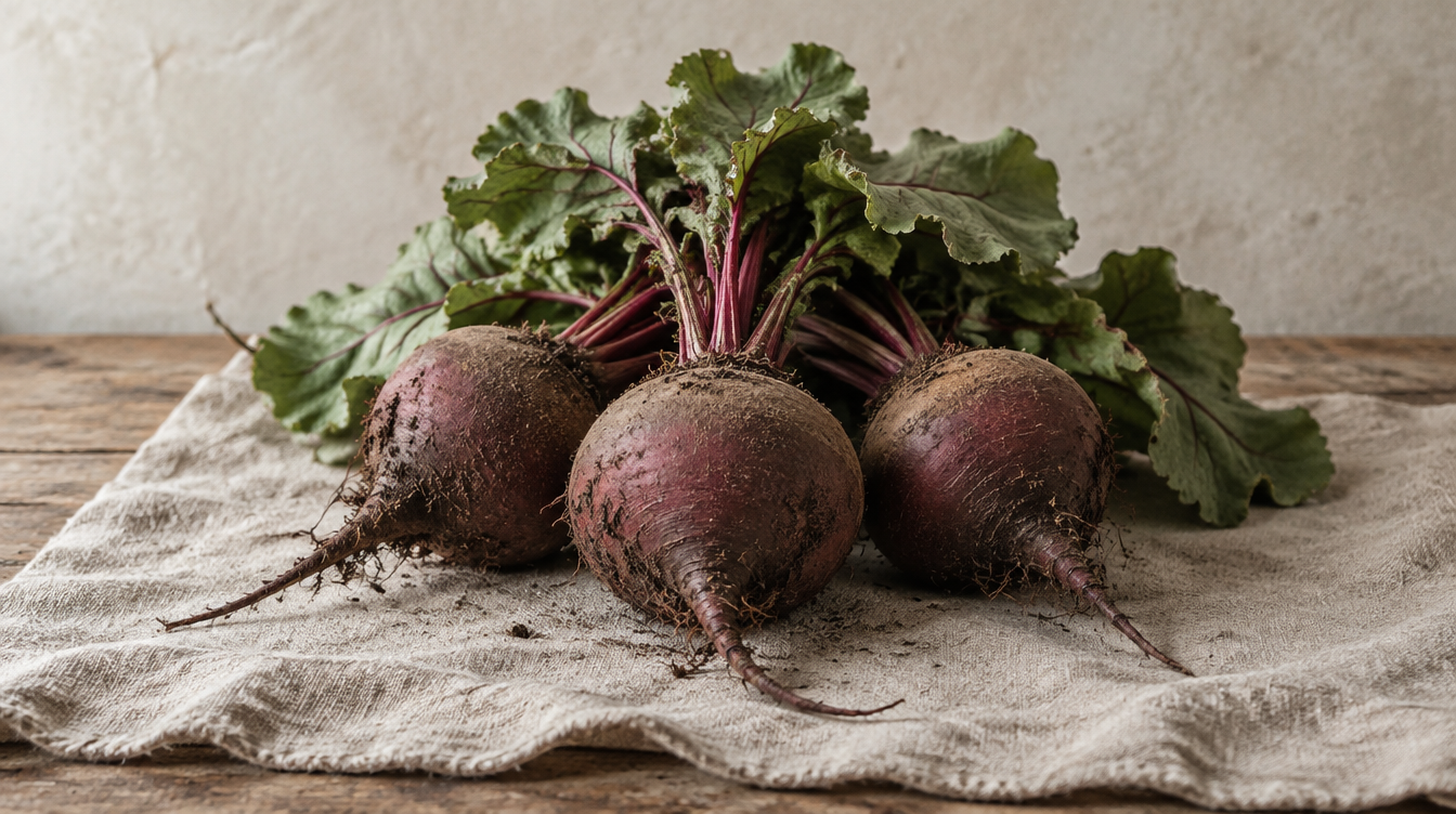 Three whole beetroots with their leafy tops and soil still on them, on linen