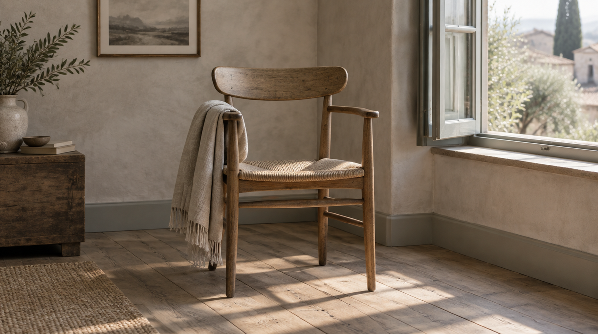 A wooden chair with a folded throw beside an open window in morning light