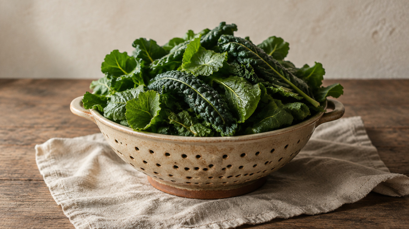 A ceramic colander of just-washed dark leafy greens on linen, in soft window light