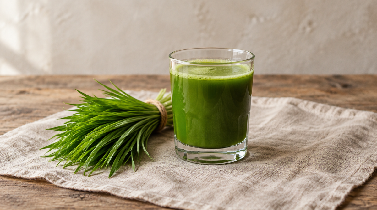A glass of green juice beside a bundle of freshly cut young barley grass