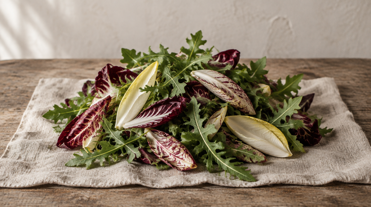 A loose pile of bitter salad leaves on linen, in soft window light