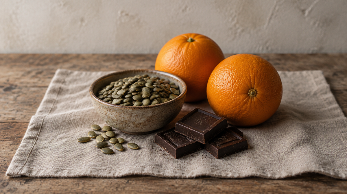 Pumpkin seeds, dark chocolate and two oranges on linen