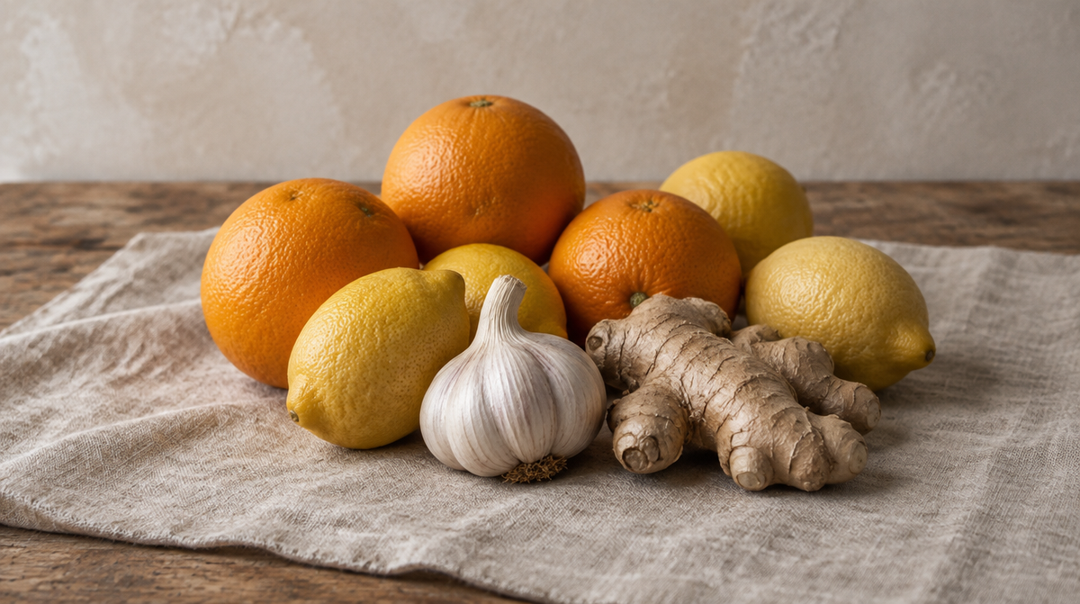 Oranges, lemons, garlic and fresh ginger root on linen