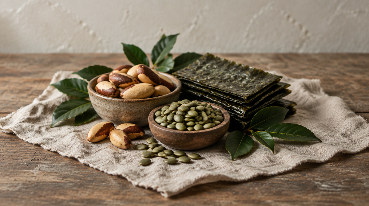 Brazil nuts, pumpkin seeds and dried seaweed with dark green leaves