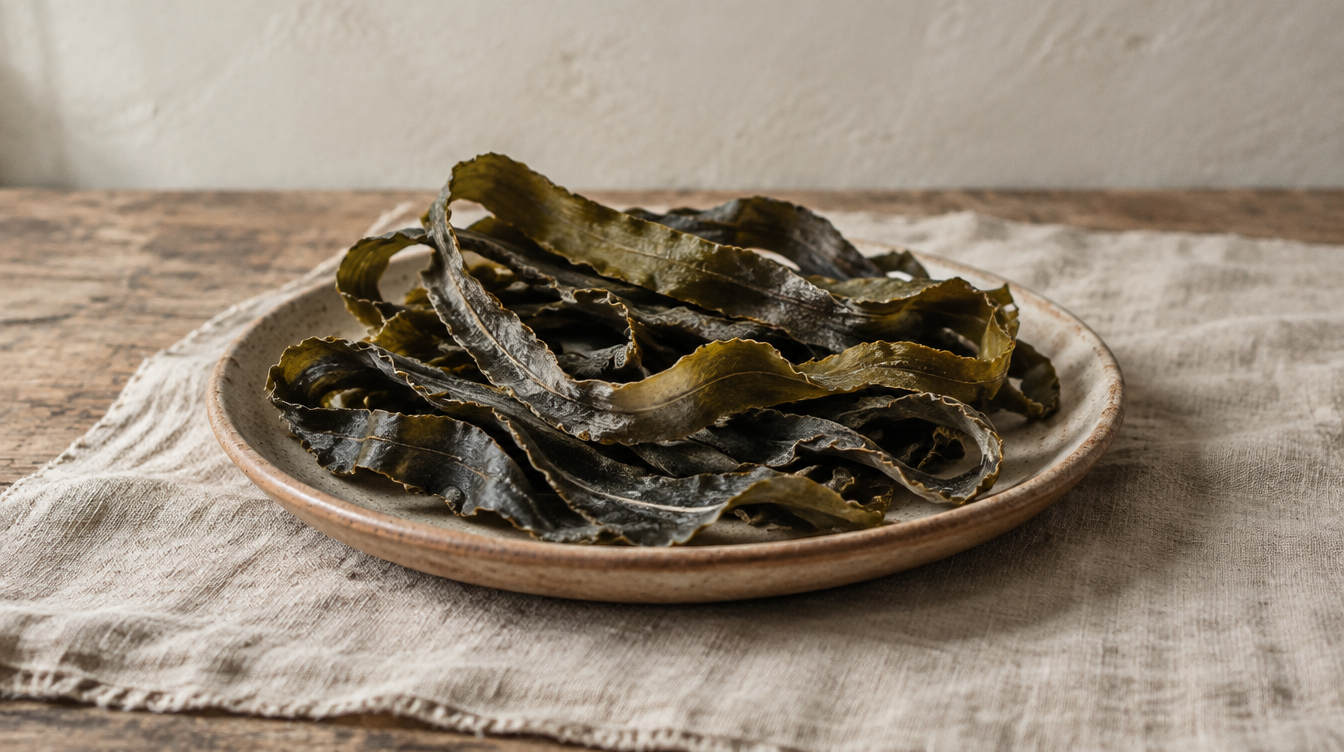 Coiled strands of dried sea kelp on a shallow ceramic dish