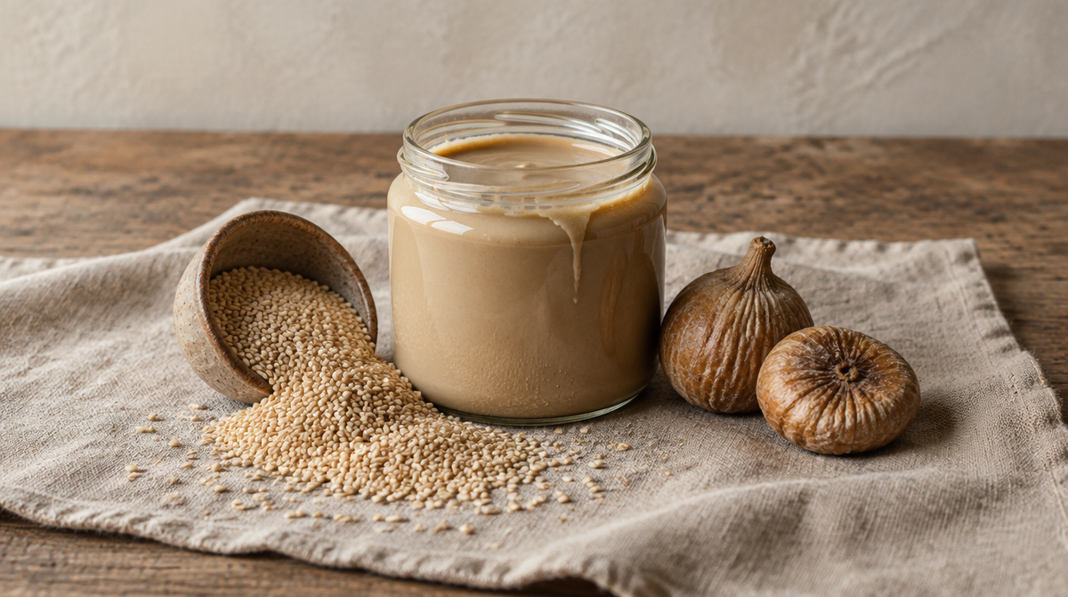 An open jar of tahini with spilled sesame seeds and dried figs