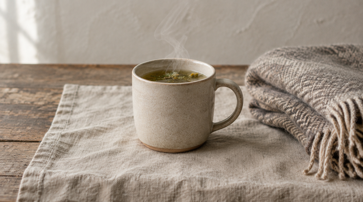 A mug of herbal tea beside a folded wool throw on linen