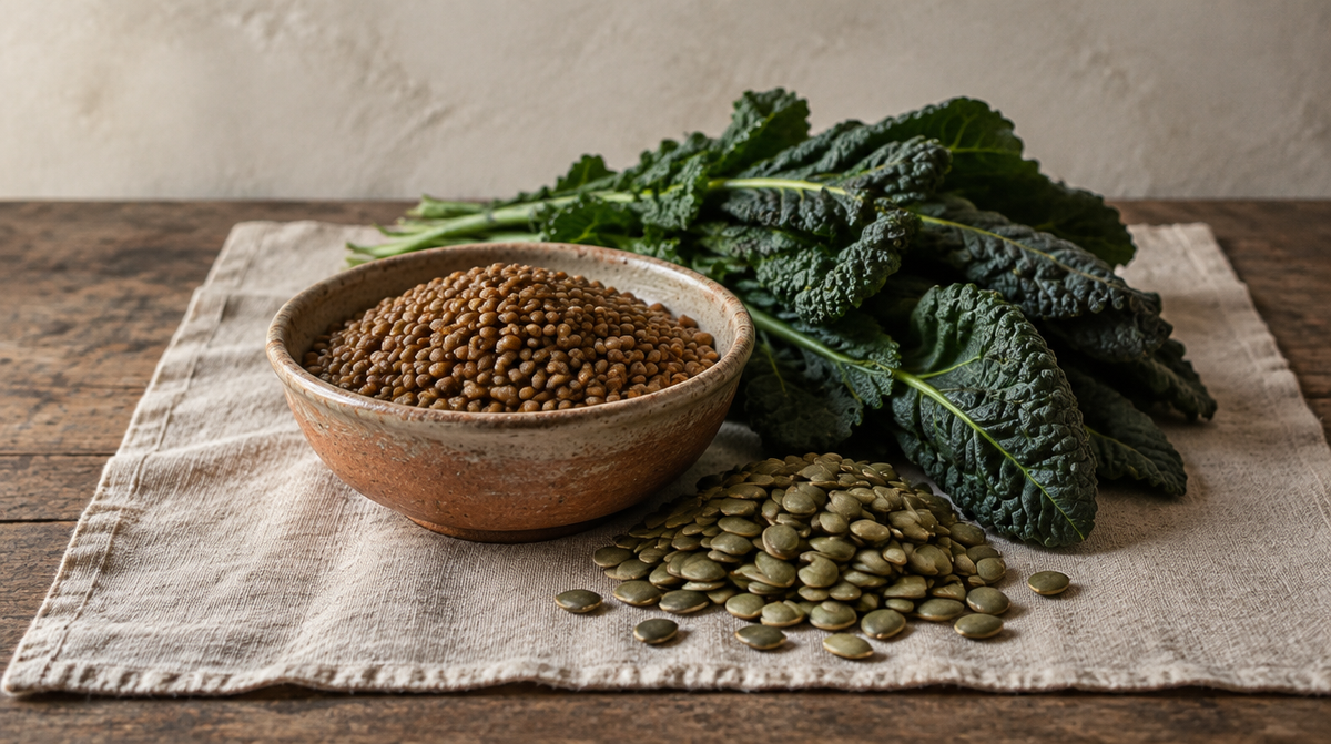 A bowl of lentils with pumpkin seeds and dark leafy greens