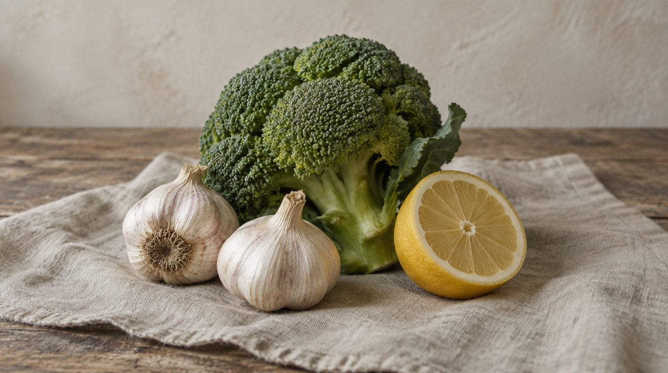 Broccoli, garlic bulbs and a halved lemon on linen