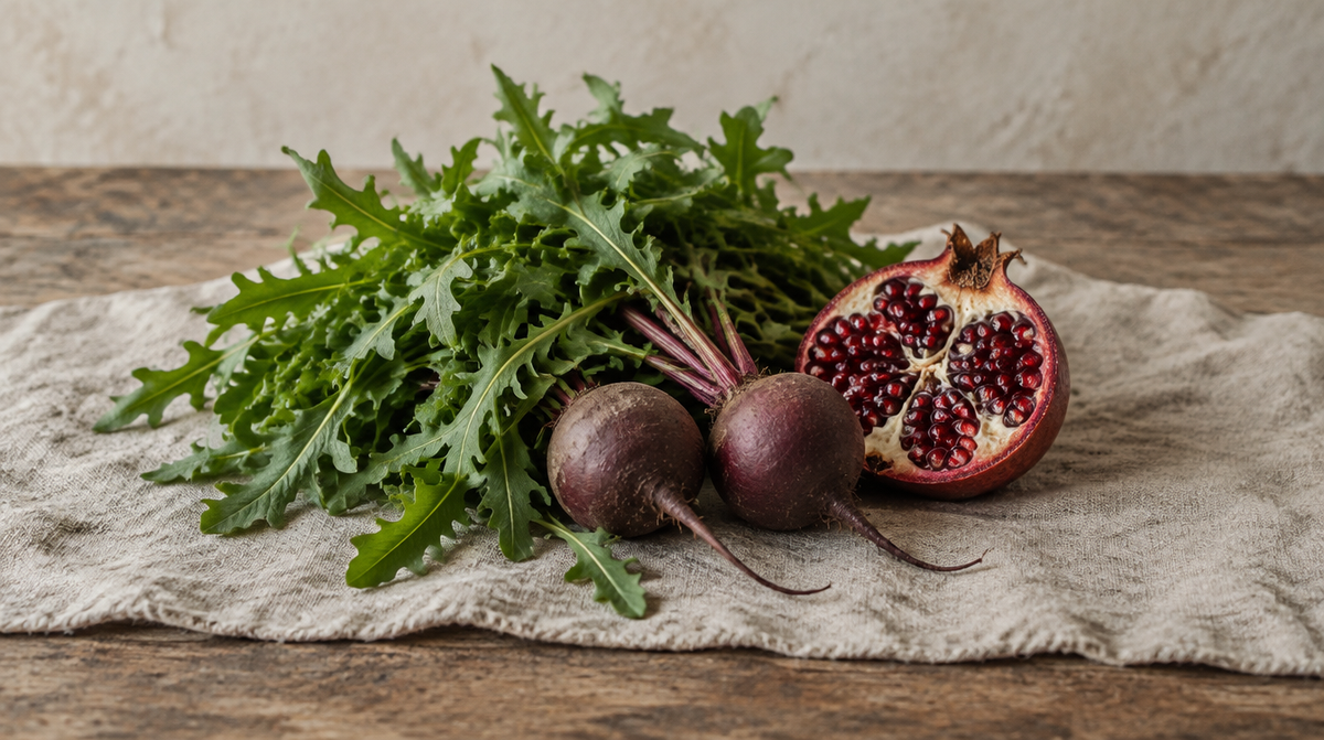 Rocket leaves, small beetroots and a halved pomegranate on linen