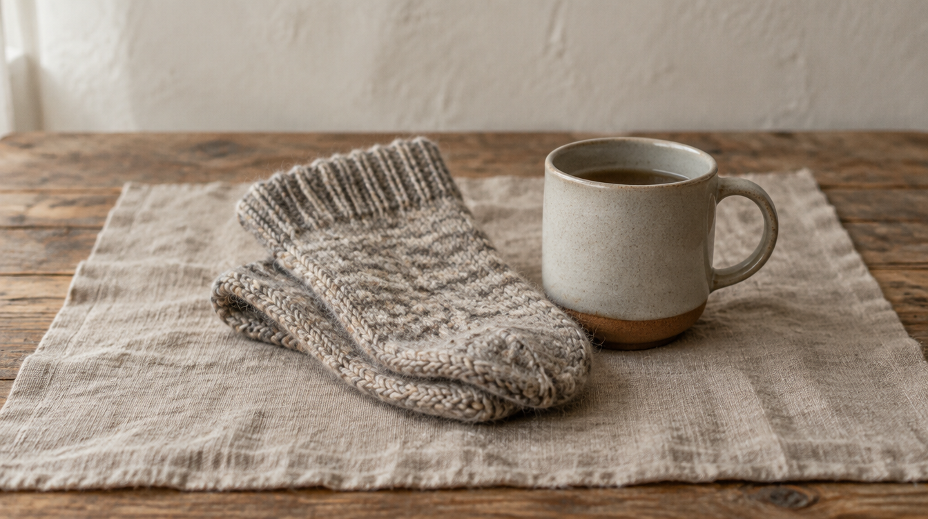 Folded wool socks beside a warm ceramic mug on linen