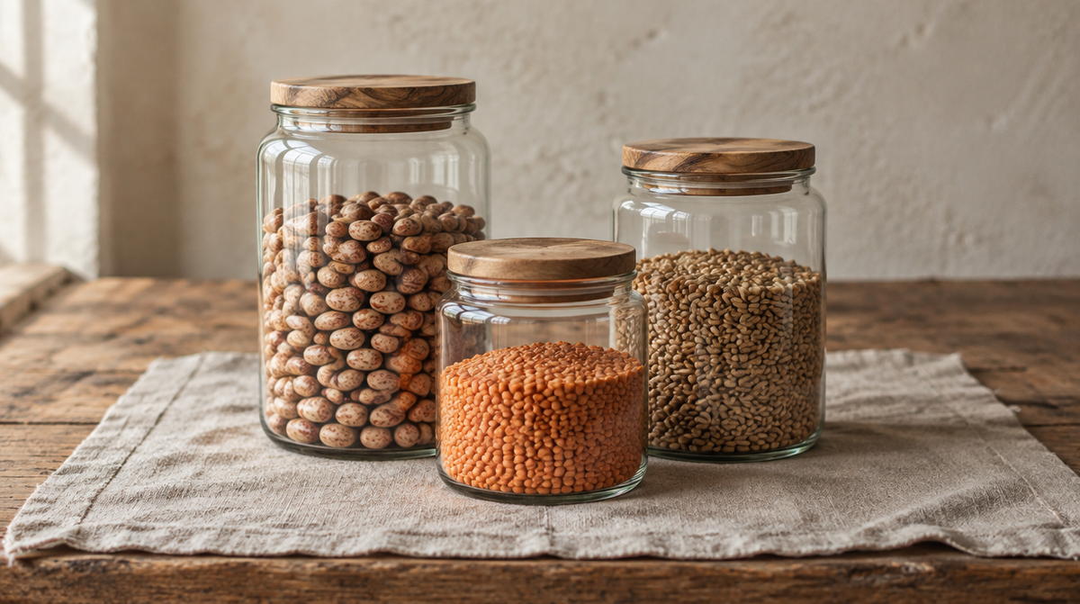 Three glass storage jars of beans, lentils and grains at different levels