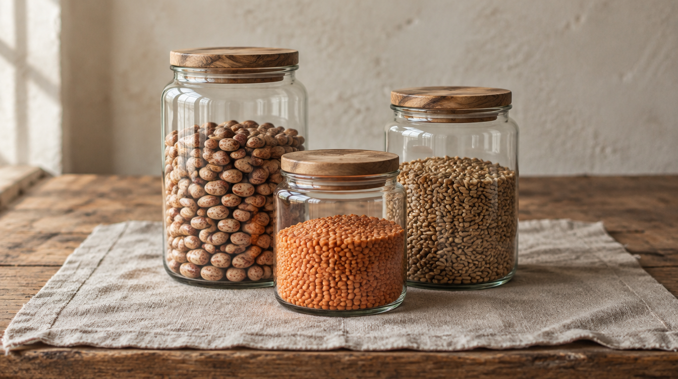 Three glass storage jars of beans, lentils and grains at different levels
