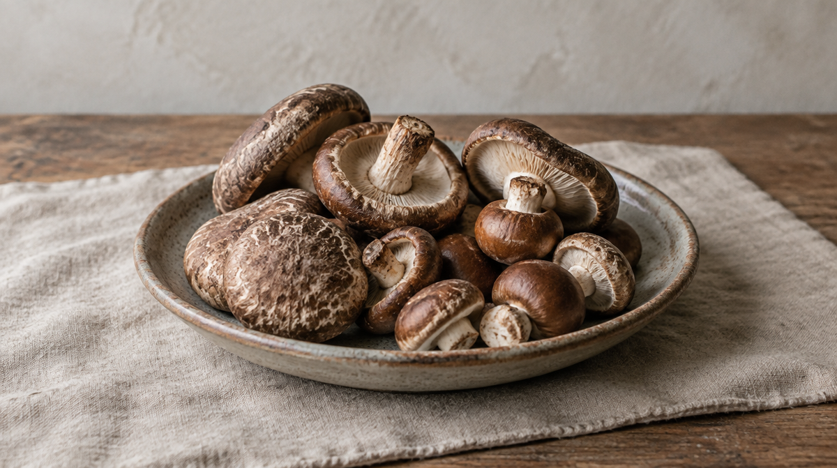 Shiitake and chestnut mushrooms in a shallow ceramic dish