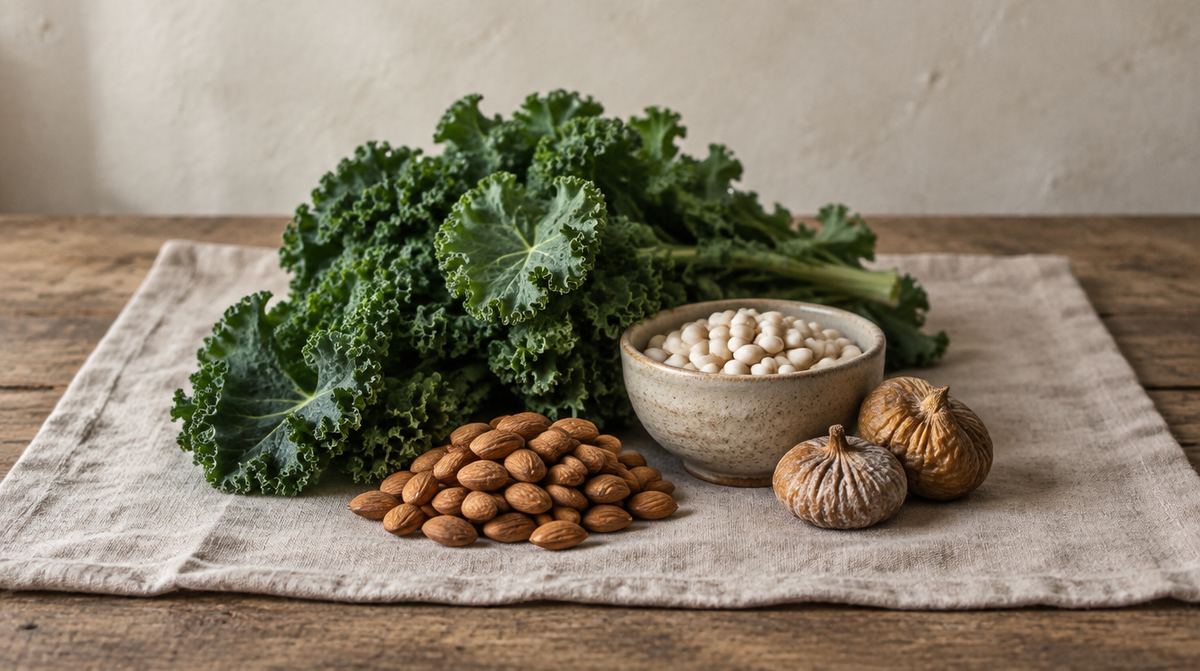 Curly kale, almonds, white beans and dried figs on linen