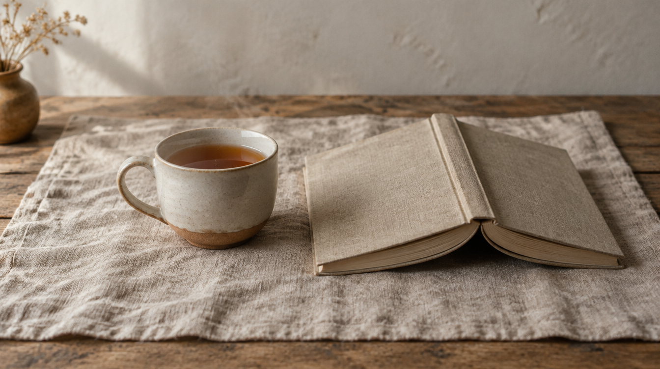 A cup of tea beside an open book in early morning light